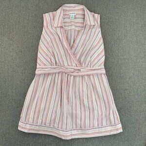 Striped Collared Blouse Sleeveless Small Low V-Neck Elastic